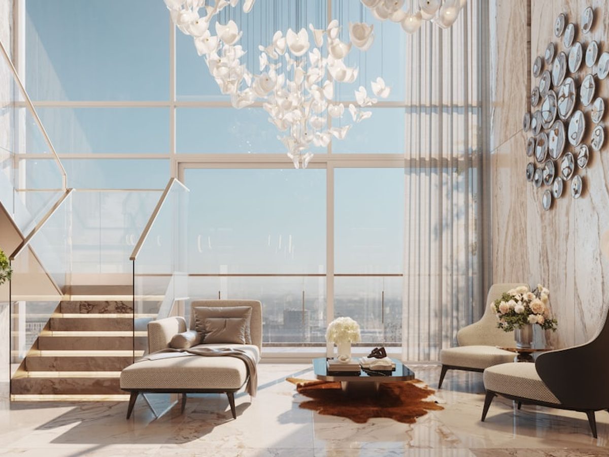 The Harrier Penthouse living room with panoramic windows