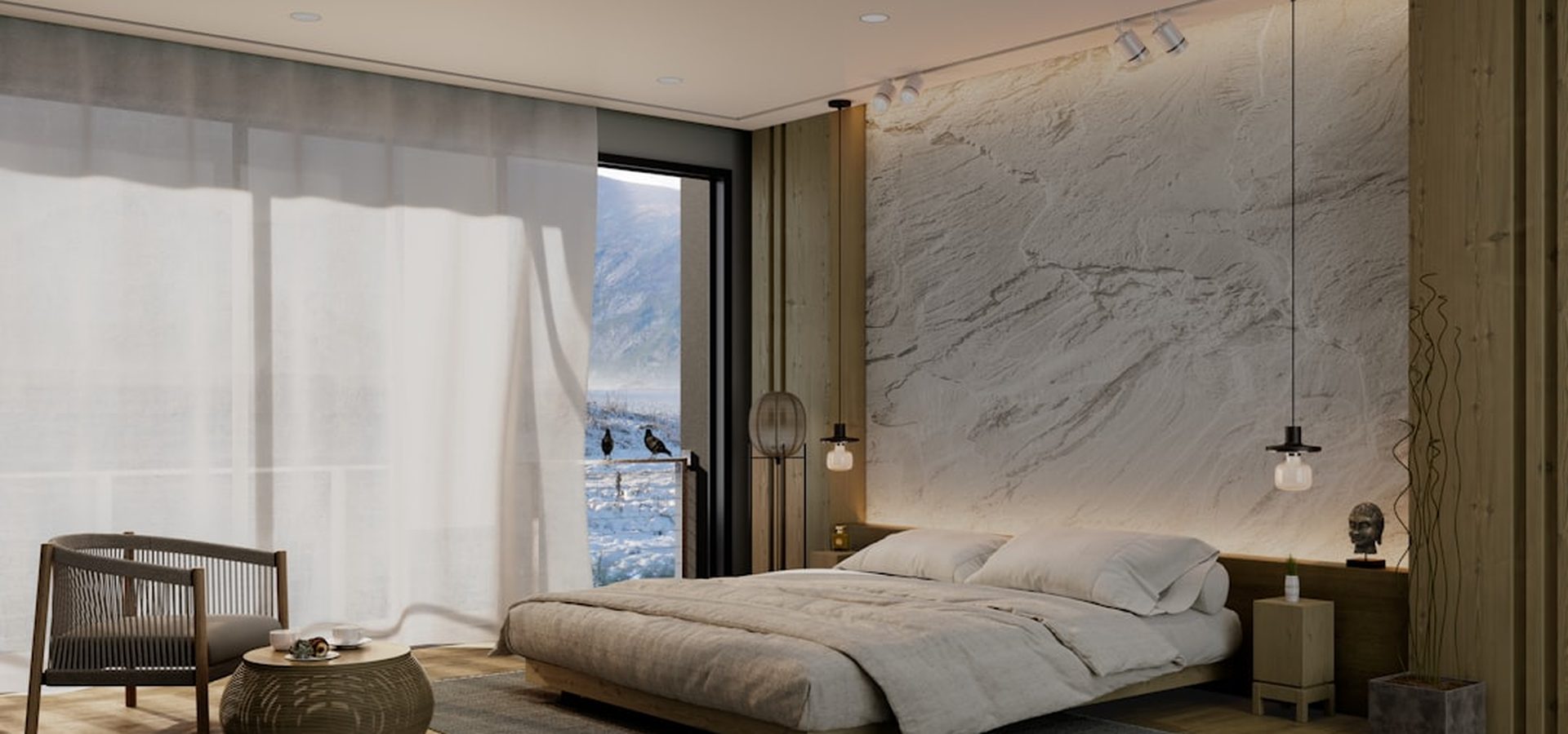 A lake-facing room at Harrier Lodge in morning light